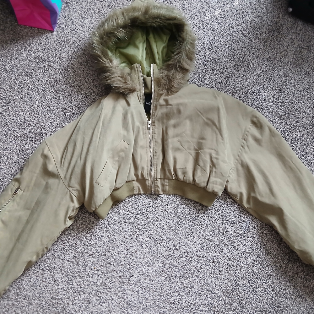 Fashion Nova Green Fur-Trimmed Cropped Jacket